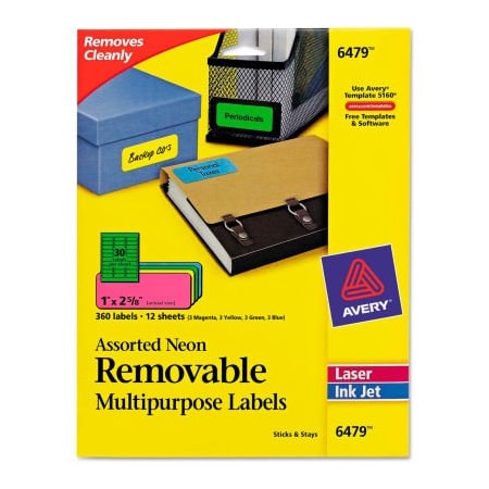 Avery Avery Removable Self-Adhesive Multipurpose Labels, 1 x 2-5/8, Assorted Neon, 360/Pack 6479